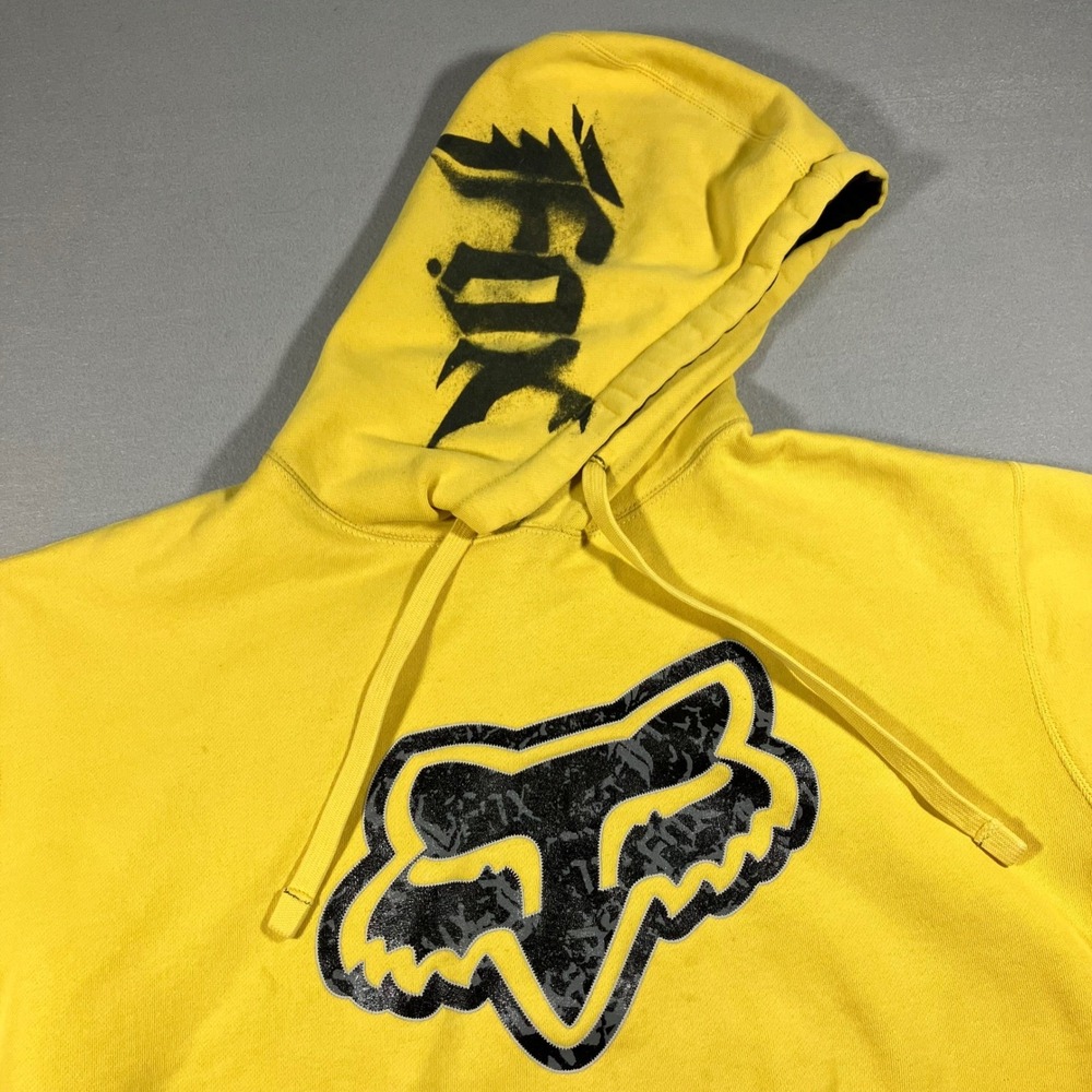 Y2K Fox Racing Mens L Yellow Graphic Motocross Logo Pullover Hoodie Skater